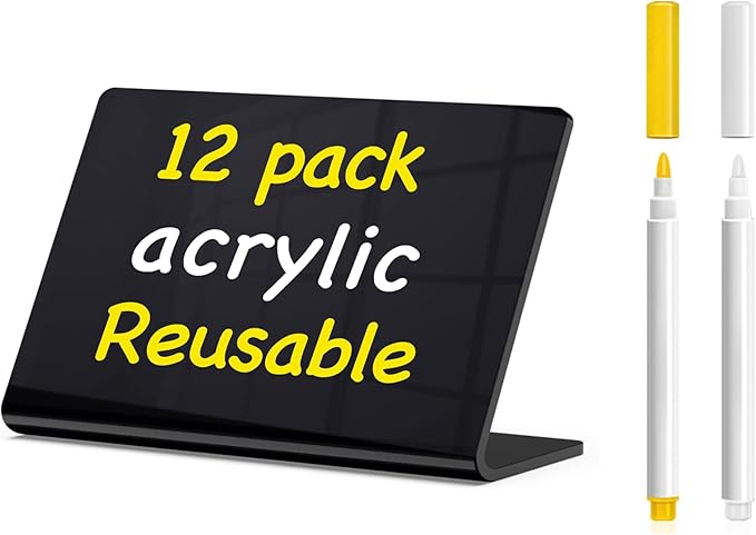 PigPotParty Acrylic Mini Chalkboard Signs for Outdoor Party Buffet, 12 Pcs 4"x3", Glossy Black Elegant Food Labels for Wedding, Table Signs, Place Cards, Include 2 Wet Erase Markers