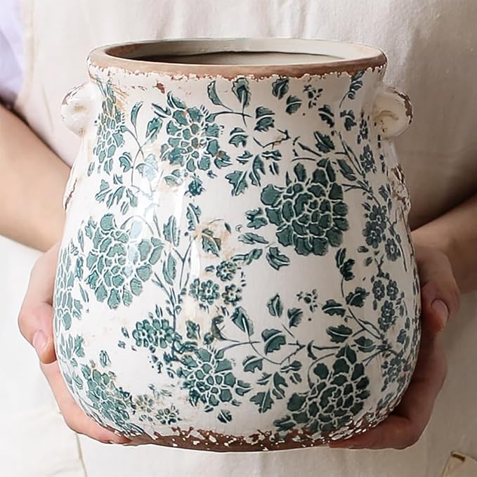 Xiaan Jiaju Tuscan Ceramic Planters and Kitchen Utensil Holder, 6.68 Inch Vintage Plant Pots with Drainage for Indoor/Outdoor, Country Cottage Vase for Home Garden Decor, Gifts for Plant Lovers, Cyan