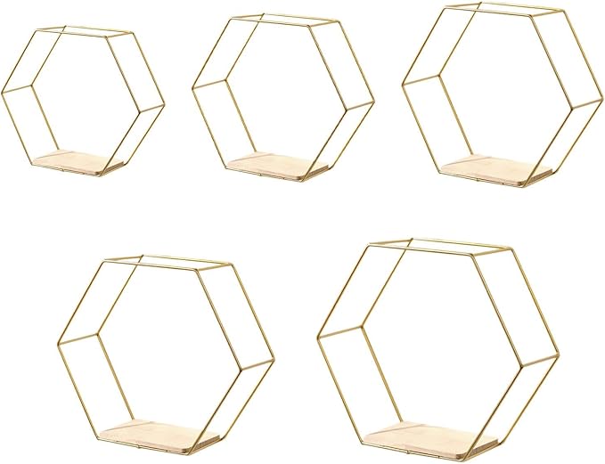 5 Pieces Hexagon Iron Wall Shelves Storage Rack Living Room Geometric Kitchen Bedroom Organizer for Mini Planter Displaying, Golden