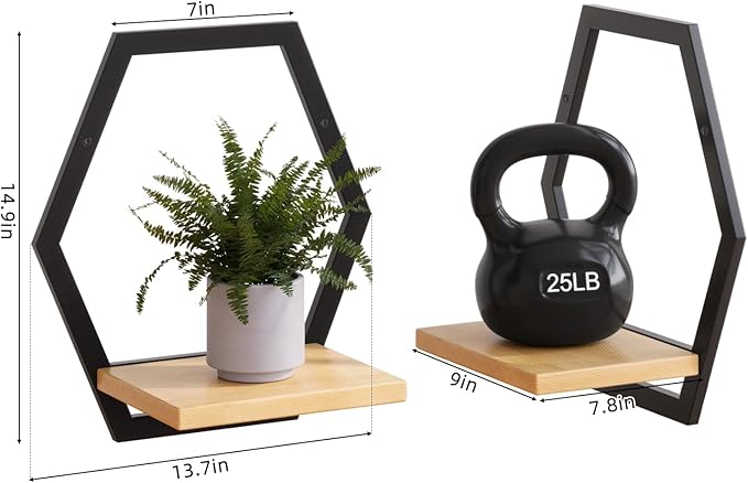 3 Pack Natural Wood & 25 LB Load Metal Wall Plant Holders, 9 inch Solid Wooden Shelf, Mid Century Hanging Planter for Indoor Plants Black