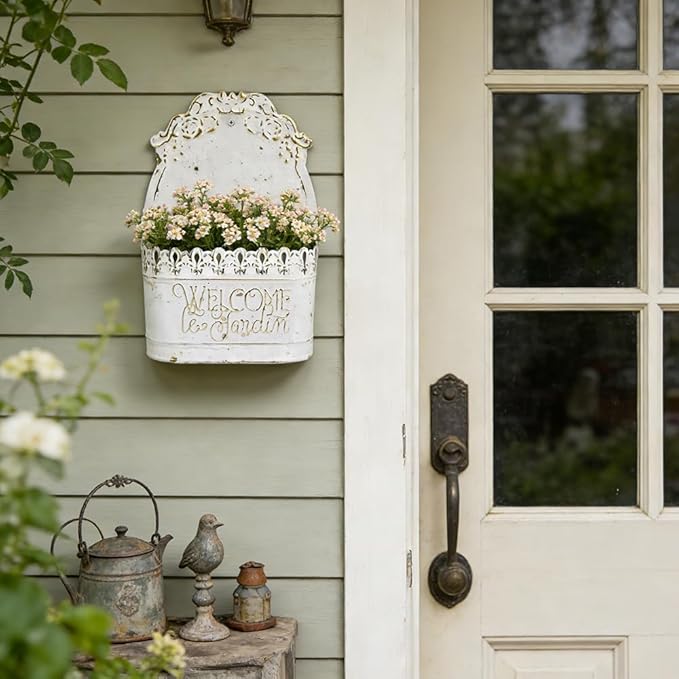 Metal Hanging Planters Wall Mount Planter Wall Vases for Flowers Shabby Chic Decor for Rustic Farmhouse Outdoor Decor White