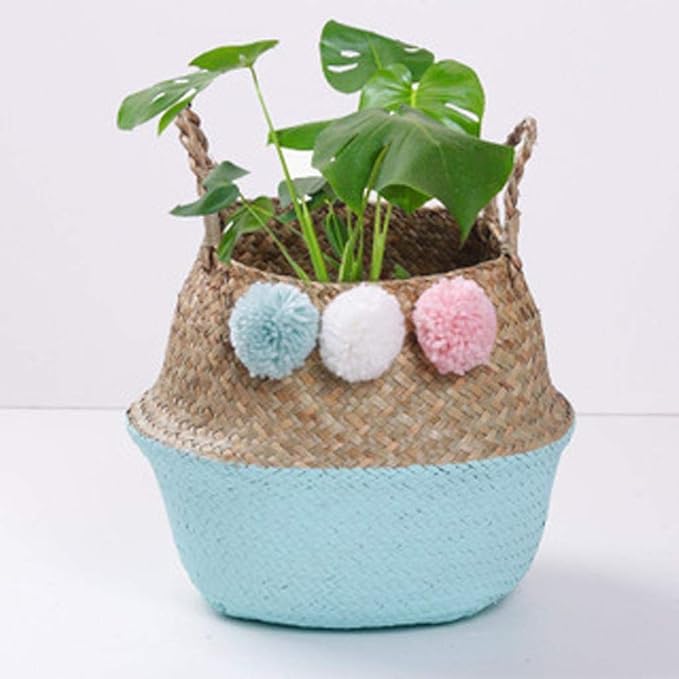 Woven Seagrass Belly Baskets with Handles for Planter Storage Flower Pot Cover Organizer&Laundry,Picnic Fruit&Grocery Baskets,Foldable Handmade Wicker Rattan Basket Hanging Decorative Baskets