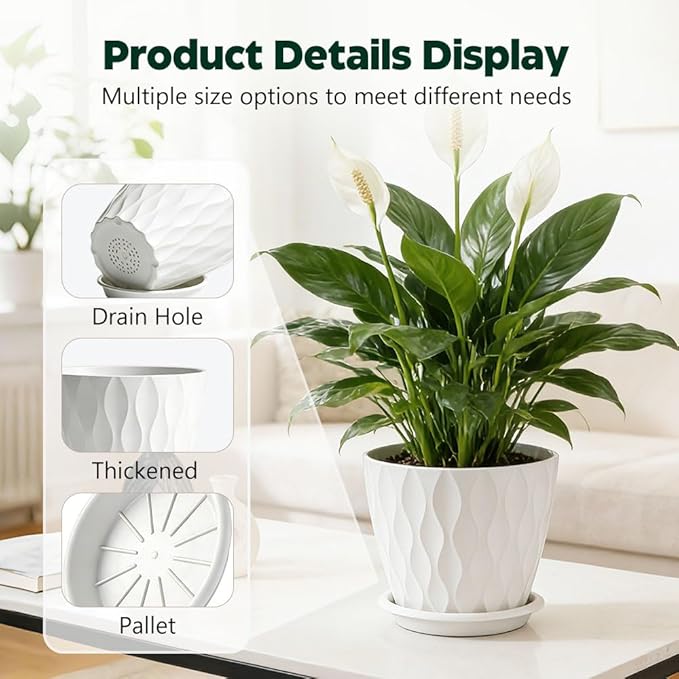 Plant Pots, Self Watering Planters with Drainage Holes and Trays, Flower Pots for Indoor Outdoor - 6 Pack(4/5/6/6.5/7/8 Inch) (White)
