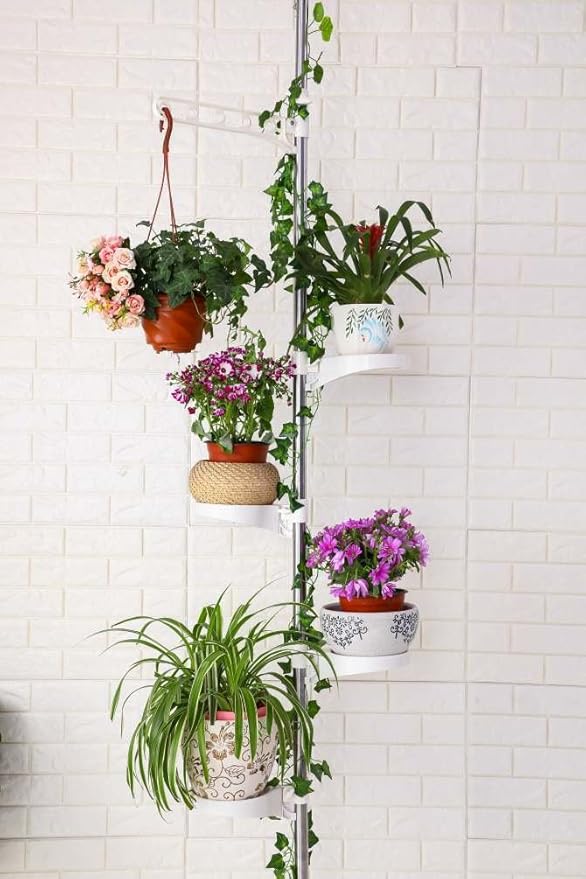 BAOYOUNI 5-Tier Tension Rod Plant Holder Pole, Flower Display Stand Rack Stainless Steel Decorative Shelf, Ivory