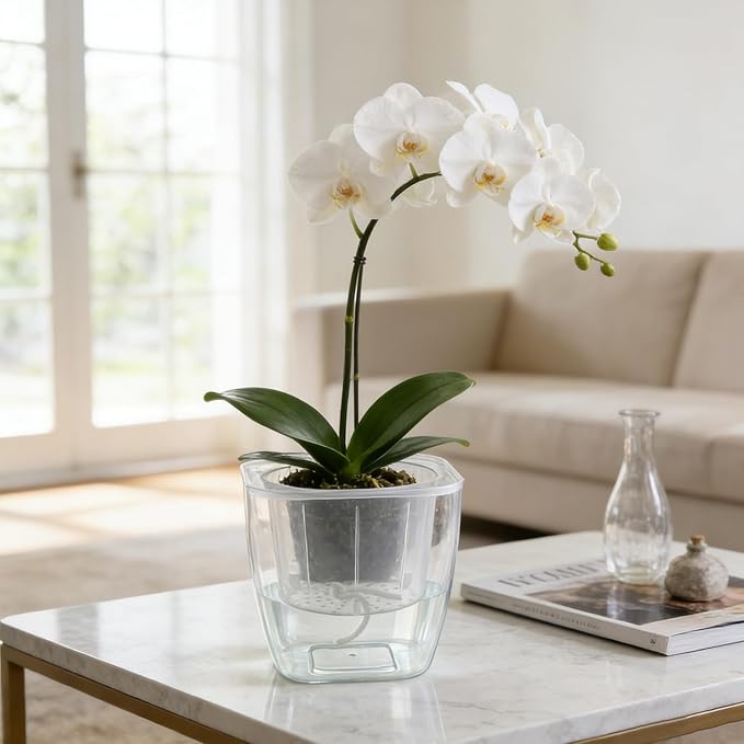 12-Pack Clear Self Watering Planters for Indoor Plants 7" Large African Violet Plant Pots Plastic Wick Flower Pots with Water Injection Hole, Orchid Plant Pot Set, Clear