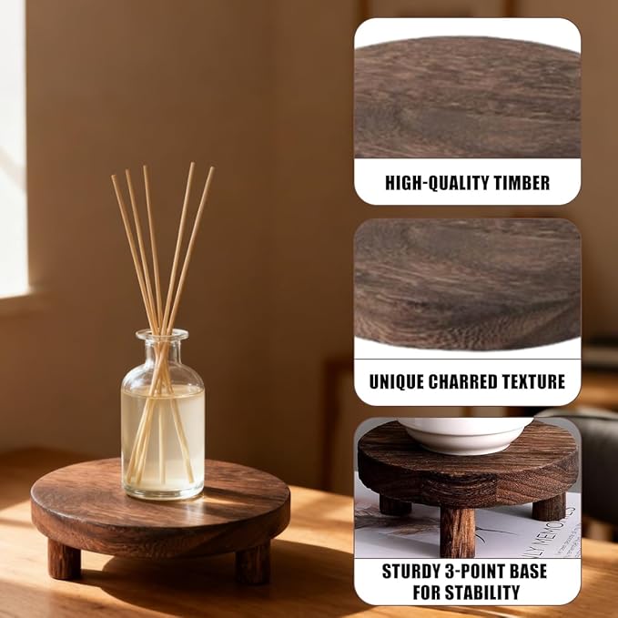 2 Pack Wood Riser Set, 7.8 Inch Natural Wooden Display Stand for Plants Candles Jewelry, Sturdy Elevated Plant Stand with Foot Pads for Kitchen Living Room Bathroom, Rustic Home Decor Gift (Dark Brown)