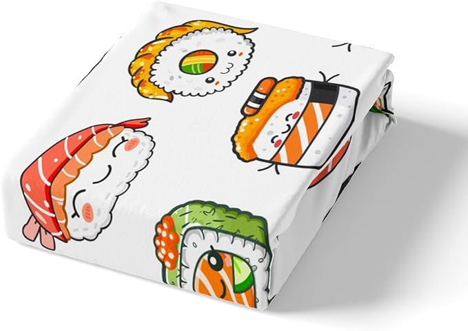 Kids Bed Sheets Full Size Cute Sushi Print Bed Sheet Set for Girls Boys Children Bedroom Kawaii Decor Cartoon Japanese Style Bedding Set Teens Sheets Set with Fitted Sheet, Flat Sheet,2 Pillow Case