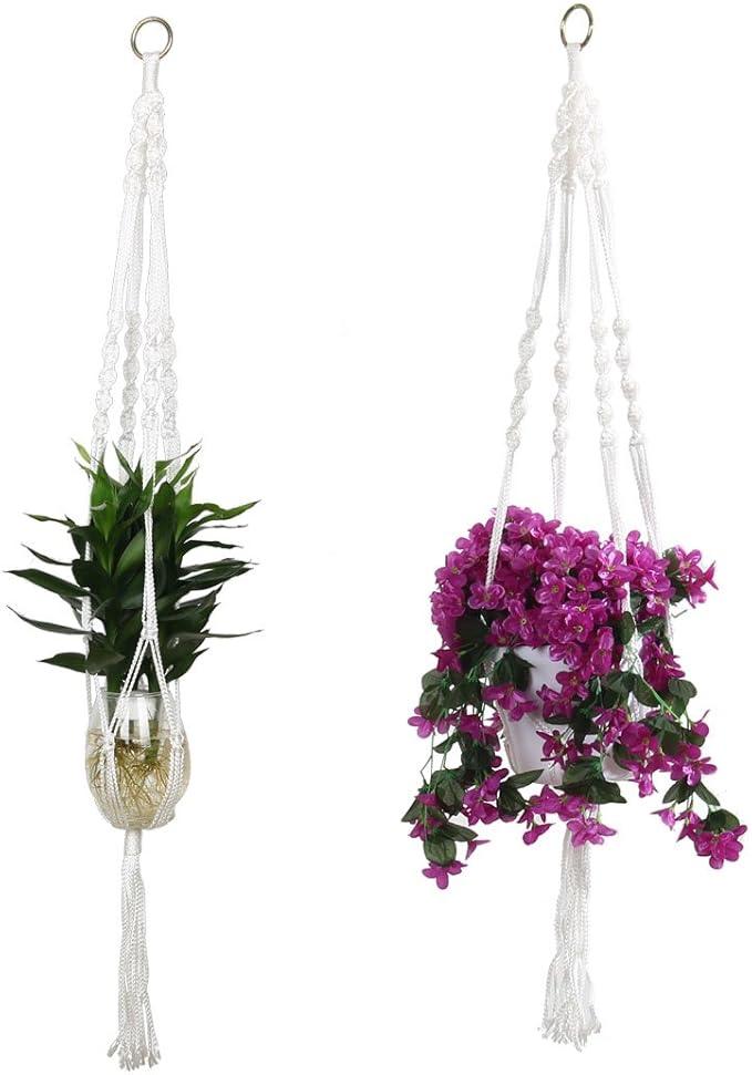 uxcell Nylon Outdoor Indoor Balcony Macrame Plant Hanger Flower Pot Holder Hanging Rope Baskets 2pcs White