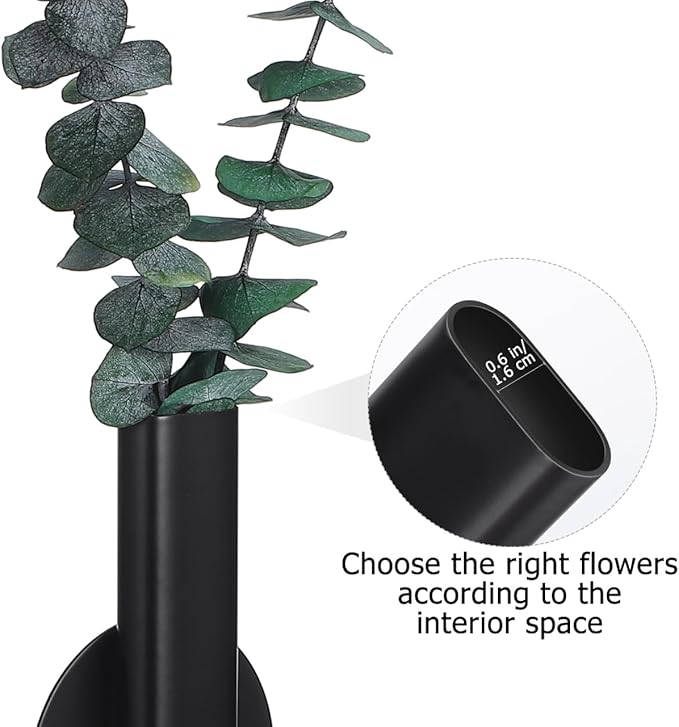 UKCOCO Wall Mounted Flower Vase 6.29In Black Metal – No-Drilling Adhesive Holder Waterproof – for Home Office Bedroom Kitchen Decor for Fresh & Artificial Flowers