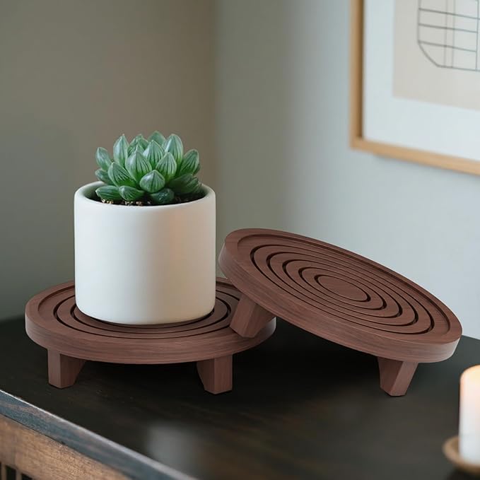 3-Pack Plant Stand Indoor, Wood Round Pedestal Riser 6.69/8.66/10.23" Solid Wooden Plant Stool & Pot Holder, Decorative Display for Living Room, Bathroom, Kitchen & Home Decor (Dark Brown)