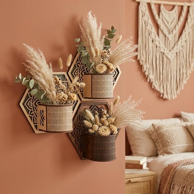 Mandala Style Hexagonal Wall Planter Set - 3D Laser-Cut Wood Vertical Garden for Succulents and Herbs - Unique Geometric Wall Decor for Indoor Plants (2pc)