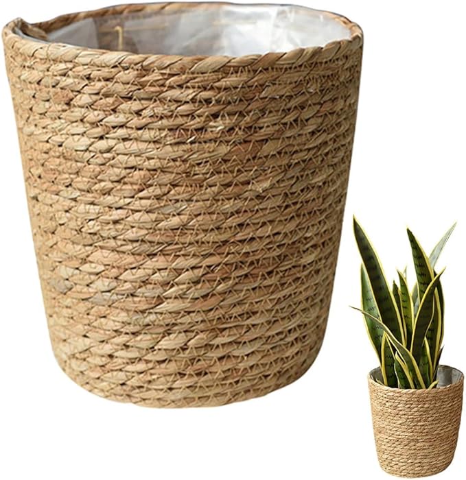 Beavorty Vintage Decor Seagrass Planter Hand Woven Straw Flower Pot Farmhouse Plant Basket with Plastic Liners Rustic Plant Containers Succulent Pot for Indoor Outdoor Room Decor Home Decor