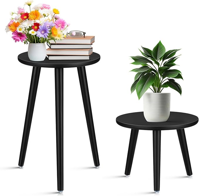 Briwooody 2 Pcs Indoor Plant Stand Mid Century Vintage Wood Modern Flower Pots Holder Round Side Table End Table Plant Stools for Living Room Corner Balcony Decor(Black)