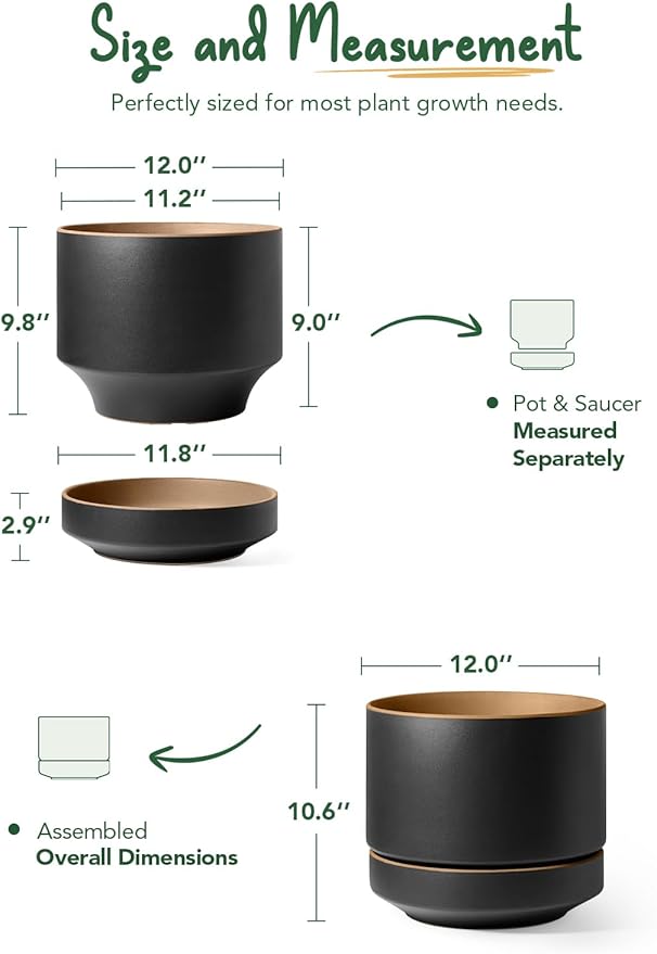 LE TAUCI 12 Inch Pot for Plants with Saucer, Ceramic Indoor Planter Pot with Drainage Hole, Mesh Pad Included, Matte Glazed Outside, Modern for Home and Office, Obsidian Black & Ochre