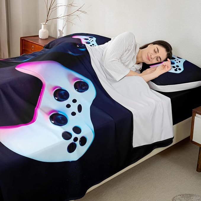Feelyou Gamer Bedding Set Twin Size for Boys Kids Bed Sheet Set Gaming Video Game Sheets Set Breathable Men Teens Game Room Decor Sheet, 1 Game Fitted Sheet + 1 Game Flat Sheet + 1 Game Pillow Case
