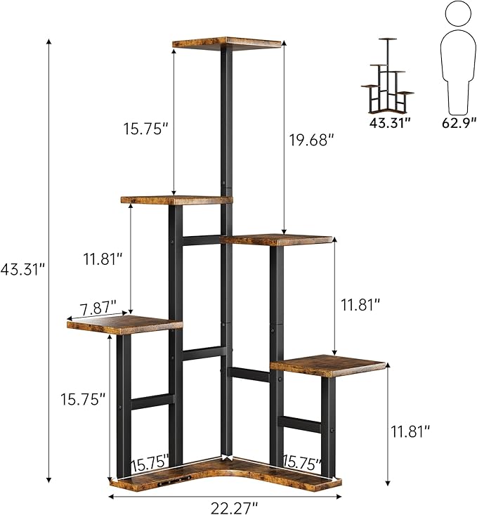 Yzosvki Corner Plant Stand Indoor, 6 Tiered Corner Plant Shelf Flower Stand for Multiple Plants, Plant Shelves Organizer Rack for Living Room, Balcony, Patio, Garden, Square Rustic Brown