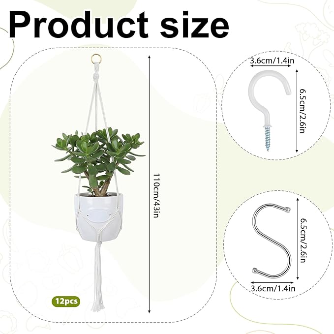 12 Pcs Macrame Plant Hanger, Indoor Hanging Planters for Indoor Outdoor Plants with 12 S Hooks and Hook Nails, Hanging Plant Holder 43" Boho Hangings Baskets for Home Decor, Ivory
