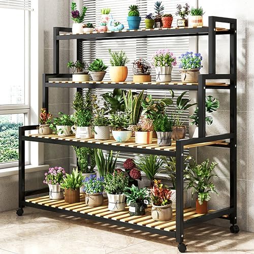 Modern Multi-Tier Metal Flower Stand with Bamboo Shelf – 4-Level Indoor Plant Holder, Ladder-Style Succulent Display Rack for Home Decor and Stylish Plant Organization
