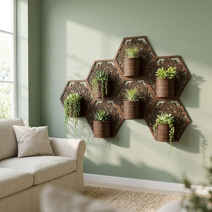 Mandala Style Hexagonal Wall Planter Set - 3D Laser-Cut Wood Vertical Garden for Succulents and Herbs - Unique Geometric Wall Decor for Indoor Plants (3pc)