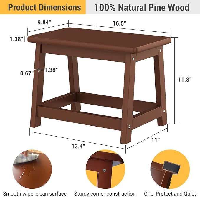 Wooden Step Stool, Foot Stool, Shoe Bench, Small Side End Table, Small Sofa Foot Stool for Bathroom Living Room Bedroom Kitchen Entryway Modern Sturdy 16.5x11x11.8inchs (Coffee)