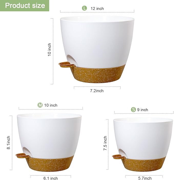 WSMKSZ 12/10/9 inch Large Self Watering Pots, Plant Pots with Mesh Drainage Holes for Indoor Outdoor Garden Plants, Flower Pots with Deep Reservoir, 3 Pack Plastic Planters, White with Brown
