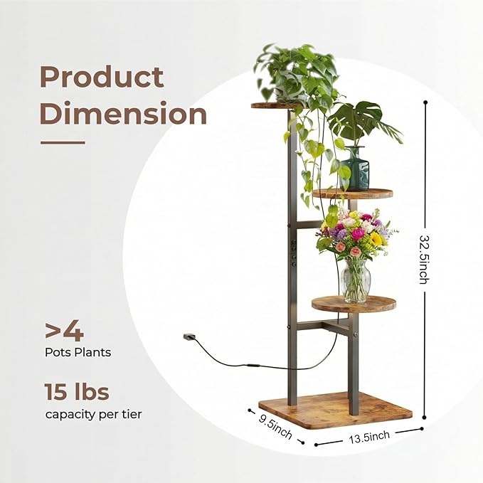 3 Tier Plant Stand Indoor with Grow Light, Tiered Plant Stands for Indoor Plants Multiple, Corner Flower Stand for Living Room, Multi-Layer Vintage Design Plant Shelf