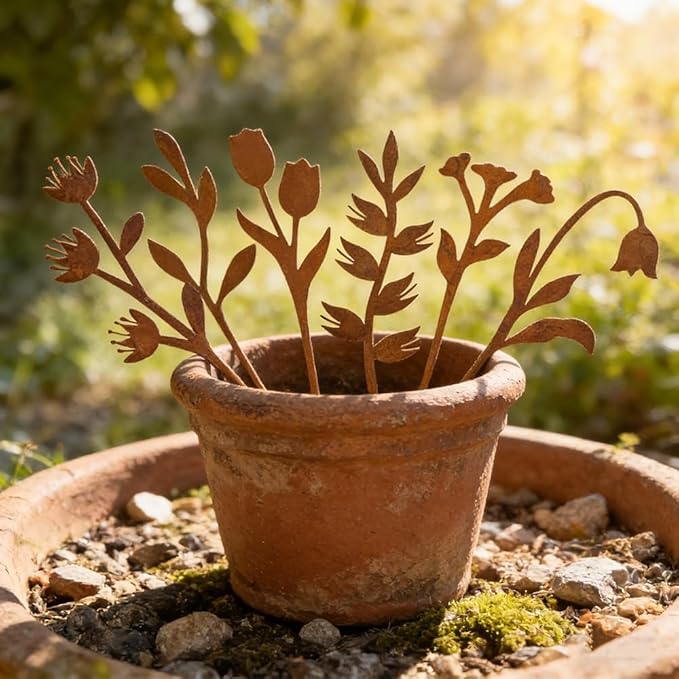 hogardeck Garden Decor for Outside, 6 Pcs Rusty Metal Flower Garden Stakes with Fern Leaf Design for Outdoor Yard Art, Rustic Plant Stakes for Flower Bed, Pot, Vase