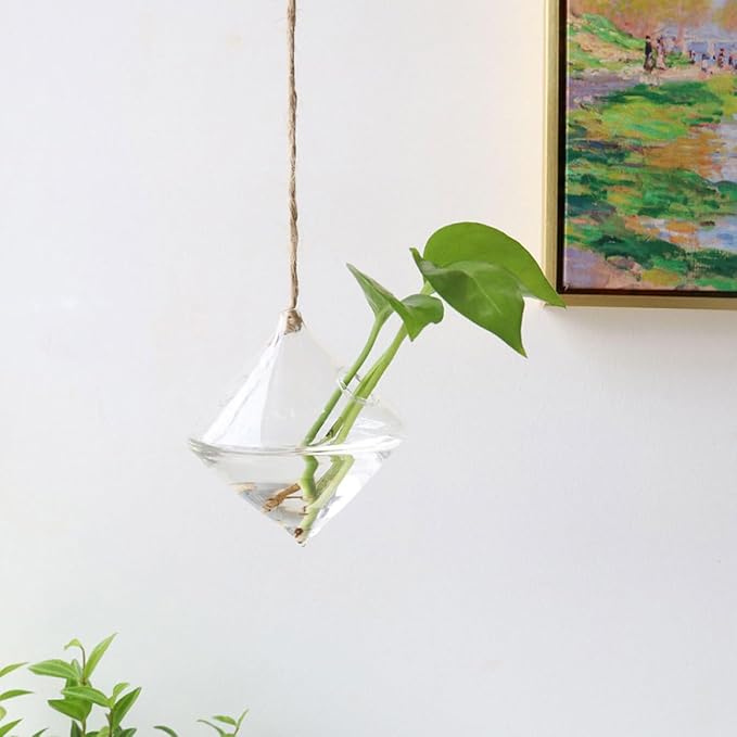 Geometric Glass Hydroponic Planter Set of 3 Wall Mounted Hanging Vases for Indoor Home Décor and Plant Propagation
