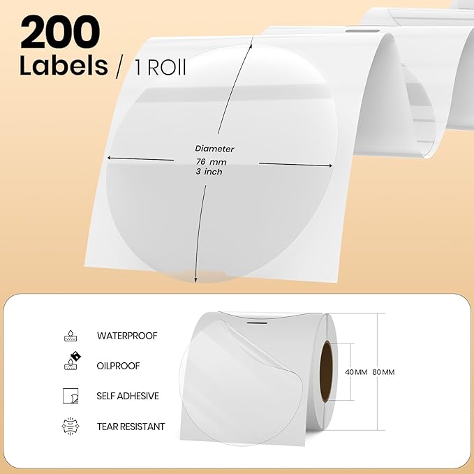 Clear Thermal Labels Vinyl 3 Inch Self-Adhesive Round Stickers Circle Roll Waterproof Printer Decals Package Seal for QR Code Envelope Office Retail Home 200 PCS