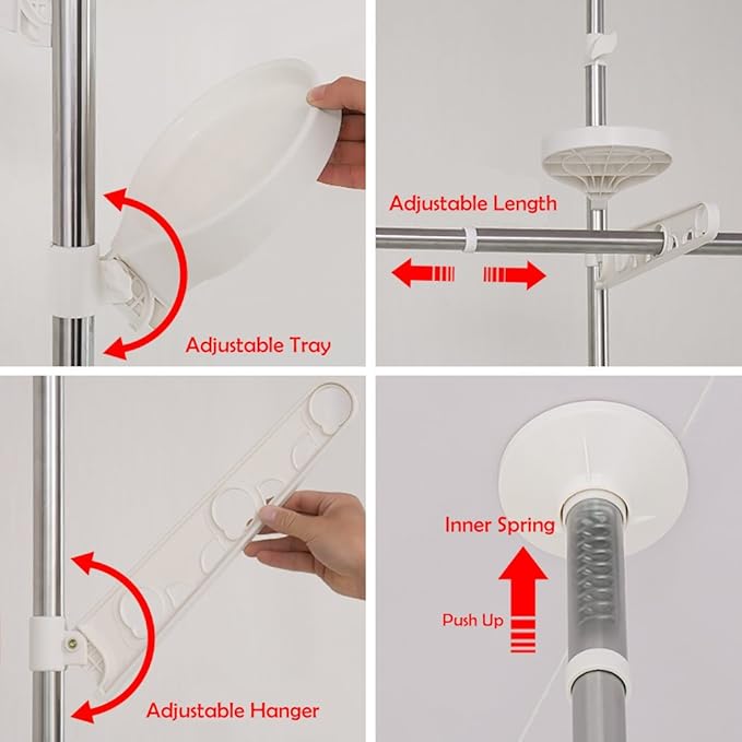 BAOYOUNI Indoor Plant Stands Spring Double Tension Pole Metal Flower Display Rack Space Saver Corner Floral Pot Storage Shelf with 12 Trays, 2 Hooks & 1 Telescopic Rod for Clothes Drying Hanger, Ivory