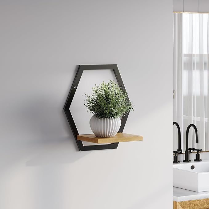 3 Pack Natural Wood & 25 LB Load Metal Wall Plant Holders, 9 inch Solid Wooden Shelf, Mid Century Hanging Planter for Indoor Plants Black