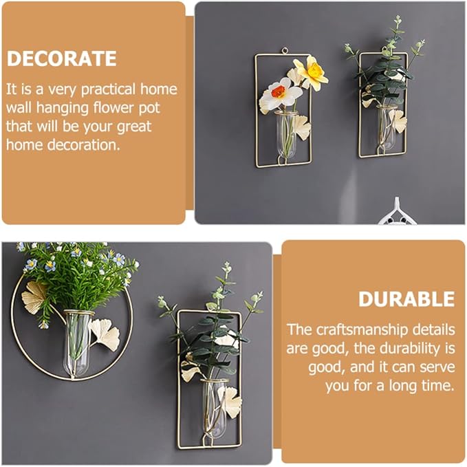 Veemoon Wall Hanging Glass Terrariums Planter Wall Mounted Plant Propagation Station Test Tube Mini Vase Pot for Hydroponic Plants Gingko Leaf Sculpture Home Decor Gold L