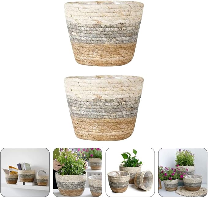 Operitacx Handmade Sea Grass Plant Basket 2 Pack Decorative Flower Holder Baskets for Home