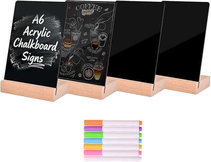 PINTUSON Mini Chalkboard Signs with Wooden Stand (4 Sets), 4x6 Acrylic Food Labels for Party Buffet, Double-Sided Erasable Table Numbers with 7 Chalks for Bakery Display & Wedding Catering