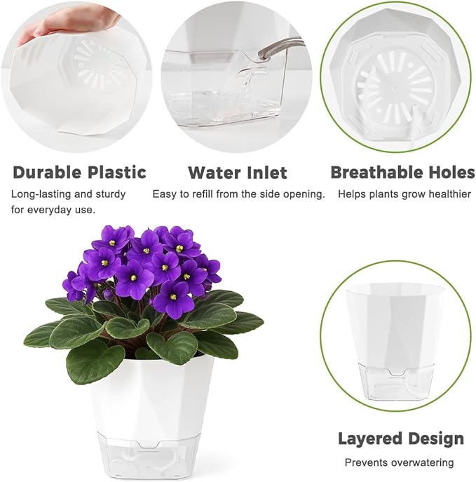 4 Pack Self Watering Pots for Indoor Plants, 10 Inches Self Watering Planters African Violet Pots Clear Pots for Herb Orchid Flower Houseplant, White
