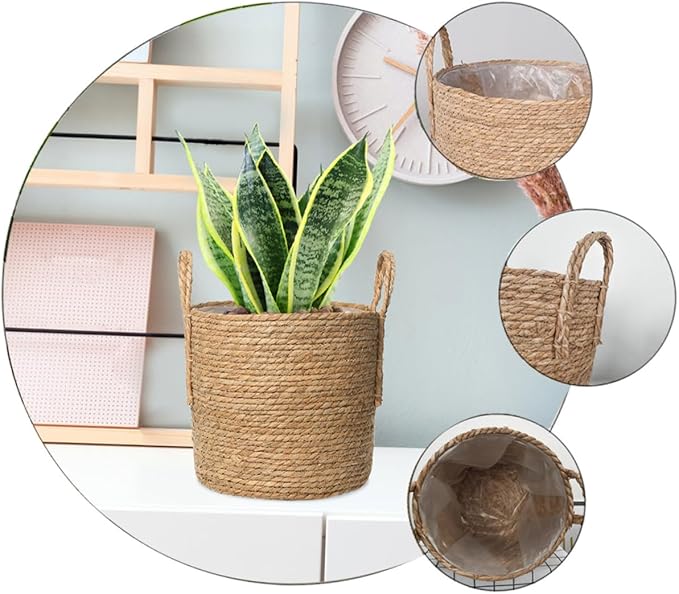 Rattan Basket Flower Pot 25cm Straw Flowerpot Vintage Style for Home Decor