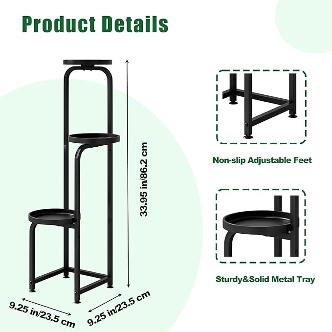 INGIORDAR Plant Stand Indoor Outdoor 3 Tier Metal Plant Shelf for Multiple Plants Corner Flower Holders for Living Room Balcony Bedroom Patio Garden, Black (Black, 3-Tier)