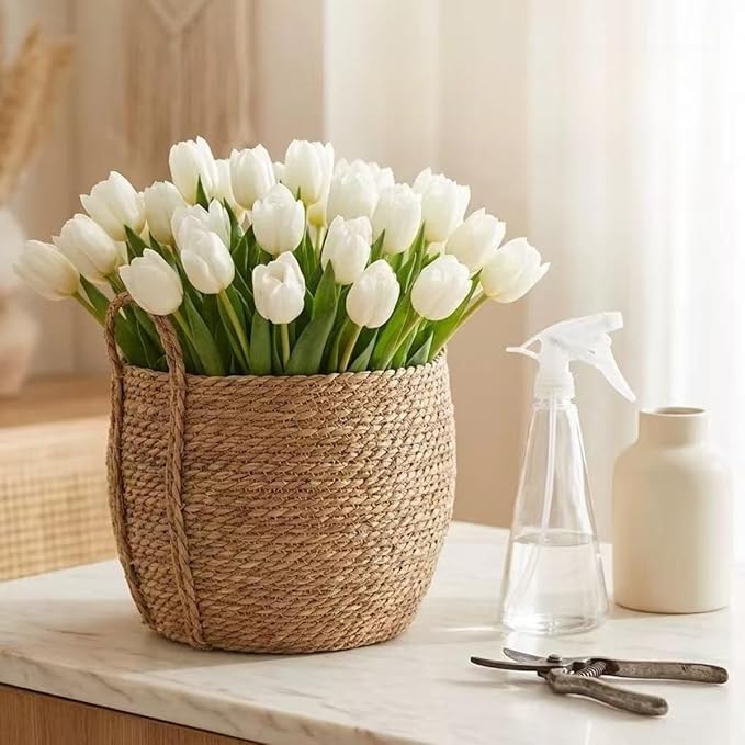 10 inch Large Seagrass Woven Planter Basket with Handles - Wicker Planter Basket with Plastic Film Insert for Indoor Plants, Large Monstera Pot, Woven Storage Basket, Boho Home Decor