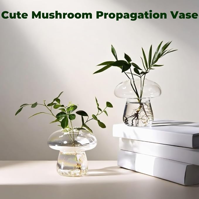 Wall Hanging Mushroom Vase, Small Plant Propagation Stations Cute Mushroom Glass Planter Terrarium Indoor Hydroponic Flower Holder for Elegant Home Decor Gifts, Clear, 1 PC