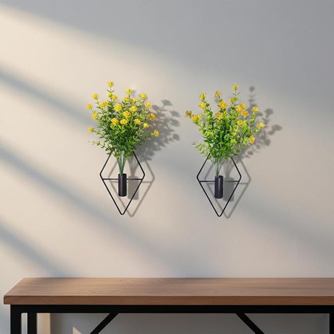 2 Pack Wall Hanging Planters with Artificial Plants, Sturdy Geometric Metal Wall Decor, Adjustable Greenery for Home Decor, Indoor Plants, Bedroom Living Room Bathroom, Art Decor