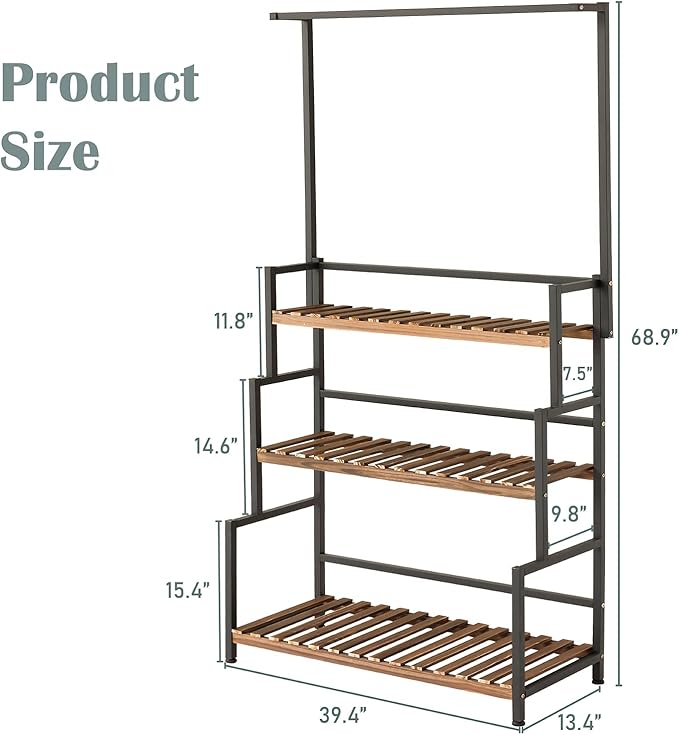 ULIKE 3-Tier Plant Stand with Hanging Bar for Indoor Outdoor Patio, Carbonized Pine Wood and Metal Frame Display Shelf, 52 Inch Tall Vertical Plant Rack for Balcony Garden Living Room