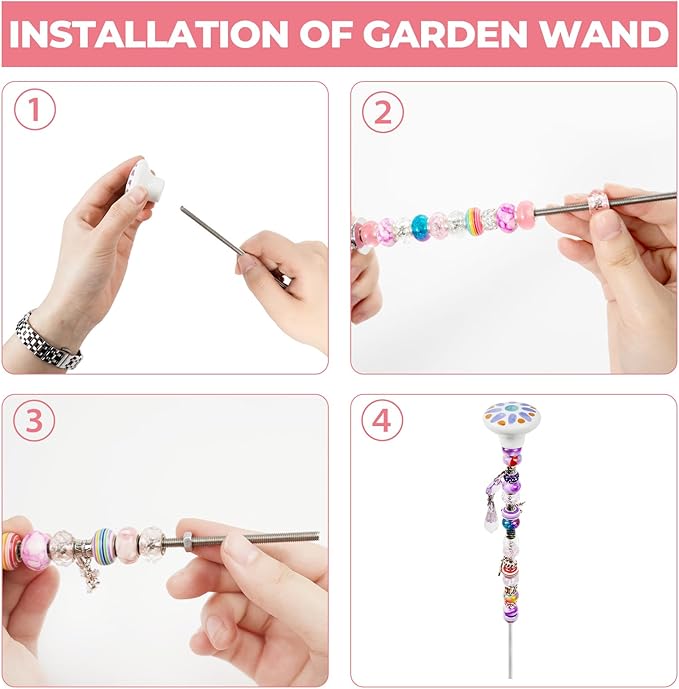 178 Pcs Beaded Garden Stakes Decorative DIY Fairy Wands Kit for Garden with 6 Colorful Cartoon Stopper Top 120 Assortment Round Large Hole Bead for Outdoor Decor