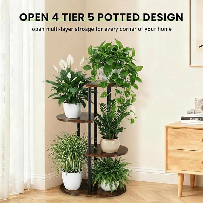Tiered Plant Stand Indoor, Tall 4 Tier 5 Potted Wooden Plant Shelf for Multiple Flower Plants, Multi Corner Metal Plant Holder Indoor for Patio Garden Patent Design Living Room Balcony Bedroom, Rustic Brown