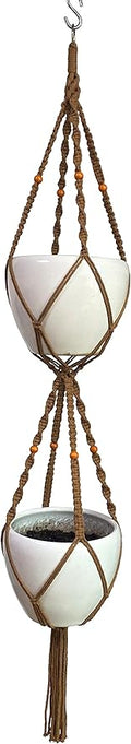 Macrame Plant Hanger & Holder, Hanging Planter 4 Legs Double Deck for 8 inch to 10 inch Two Pots Indoor Outdoor Hanging Planter Hemp Rope 67 Inch with Metal Ring (Brown)