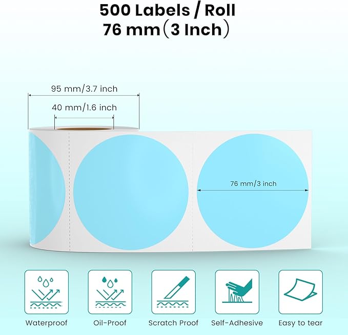 Blue Circle Thermal Labels Vinyl 3 Inch Self-Adhesive Round Stickers Roll Waterproof Printer Decals Name Tag for QR Code DIY Office Address 500 PCS
