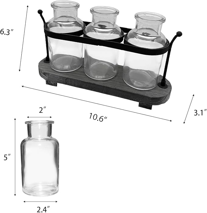 Propagation Stations with Rustic Wood Metal Stand, Glass Vase Set with Wicker Basket Holder, 3 Bottles, Rustic Farmhouse Decor, Home and Office Table Decor (Set of 3 Bottles)