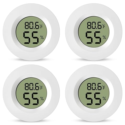 4-Pack Mini Hygrometer Thermometer Digital Humidity Meter Indoor/Outdoor Humidity Monitor with Temperature Sensor for Reptile Terrariums, Jars - Fahrenheit/Celsius White