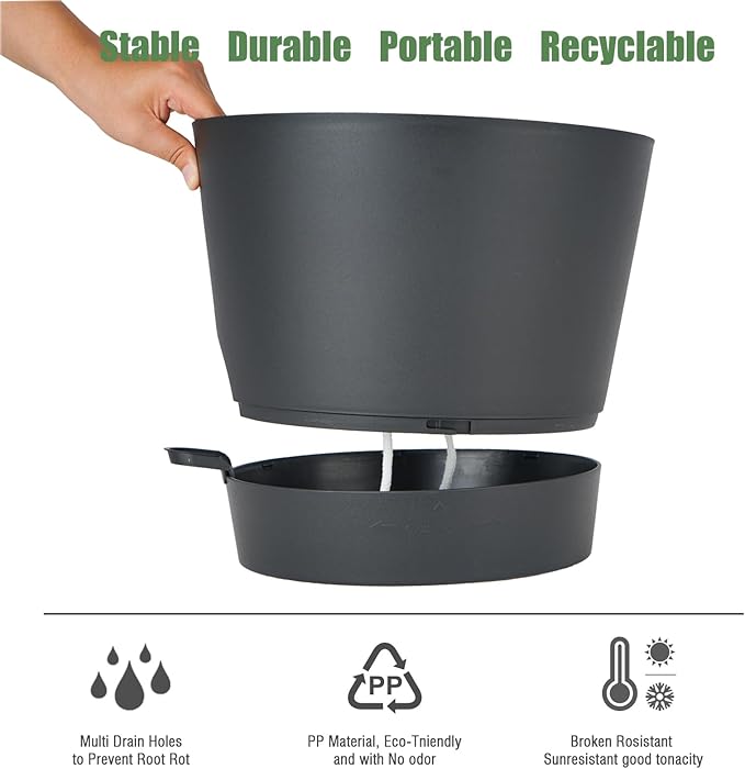 SwinDuck 12inch Large Self Watering Plant Pot, Plastic Cylinder Planter with 60Oz Deep Reservoir and Saucer for Indoor Outdoor Plants Flowers Houseplants, Black