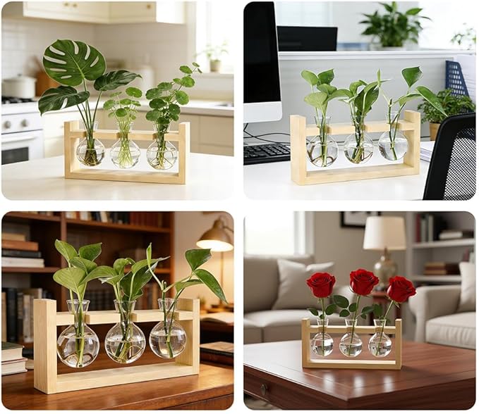 Plant Terrarium Desktop Glass Planter Hydroponics Vase,Plant Bulb Vase with Wooden Stand for Home Office Decoration