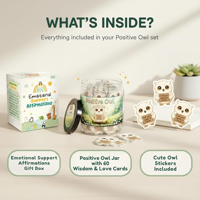 Positive Owl Jar With 60 Affirmation Cards – Emotional Support Owl Gifts For Women, Stress Relief And Daily Encouragement, Owl Themed Gifts, Office Decor For Women